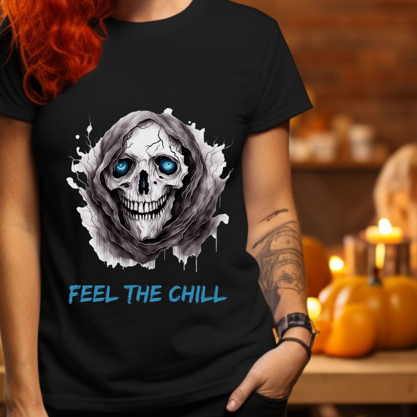 Halloween Skull Tee Feel The Chill Skeleton T-Shirt Icy Blue Eyed Skull Shirt Frozen Horror Halloween Tee Cold Gothic Ghost Reaper Design