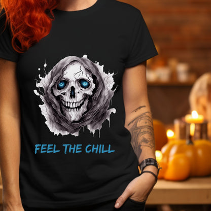 Halloween Skull Tee Feel The Chill Skeleton T-Shirt Icy Blue Eyed Skull Shirt Frozen Horror Halloween Tee Cold Gothic Ghost Reaper Design