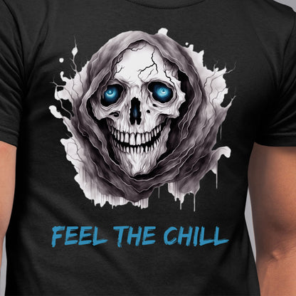 Halloween Skull Tee Feel The Chill Skeleton T-Shirt Icy Blue Eyed Skull Shirt Frozen Horror Halloween Tee Cold Gothic Ghost Reaper Design