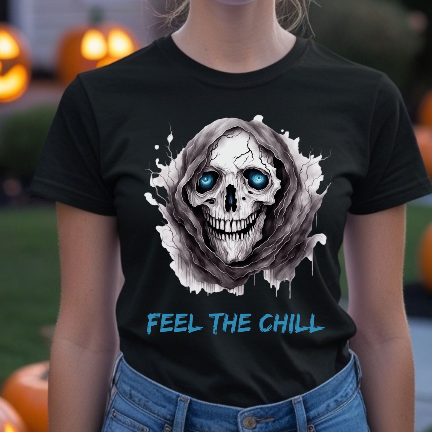 Halloween Skull Tee Feel The Chill Skeleton T-Shirt Icy Blue Eyed Skull Shirt Frozen Horror Halloween Tee Cold Gothic Ghost Reaper Design