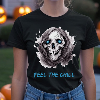 Halloween Skull Tee Feel The Chill Skeleton T-Shirt Icy Blue Eyed Skull Shirt Frozen Horror Halloween Tee Cold Gothic Ghost Reaper Design