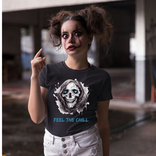 Halloween Skull Tee Feel The Chill Skeleton T-Shirt Icy Blue Eyed Skull Shirt Frozen Horror Halloween Tee Cold Gothic Ghost Reaper Design