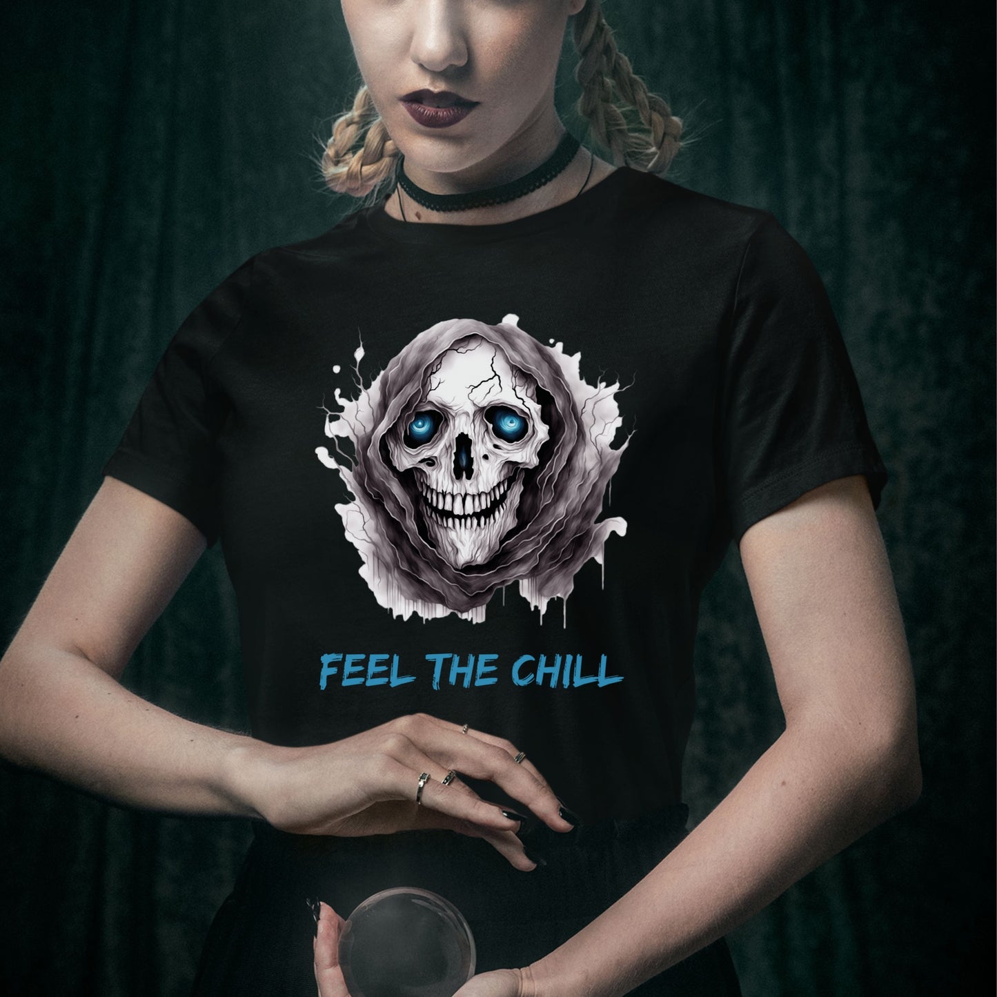 Halloween Skull Tee Feel The Chill Skeleton T-Shirt Icy Blue Eyed Skull Shirt Frozen Horror Halloween Tee Cold Gothic Ghost Reaper Design