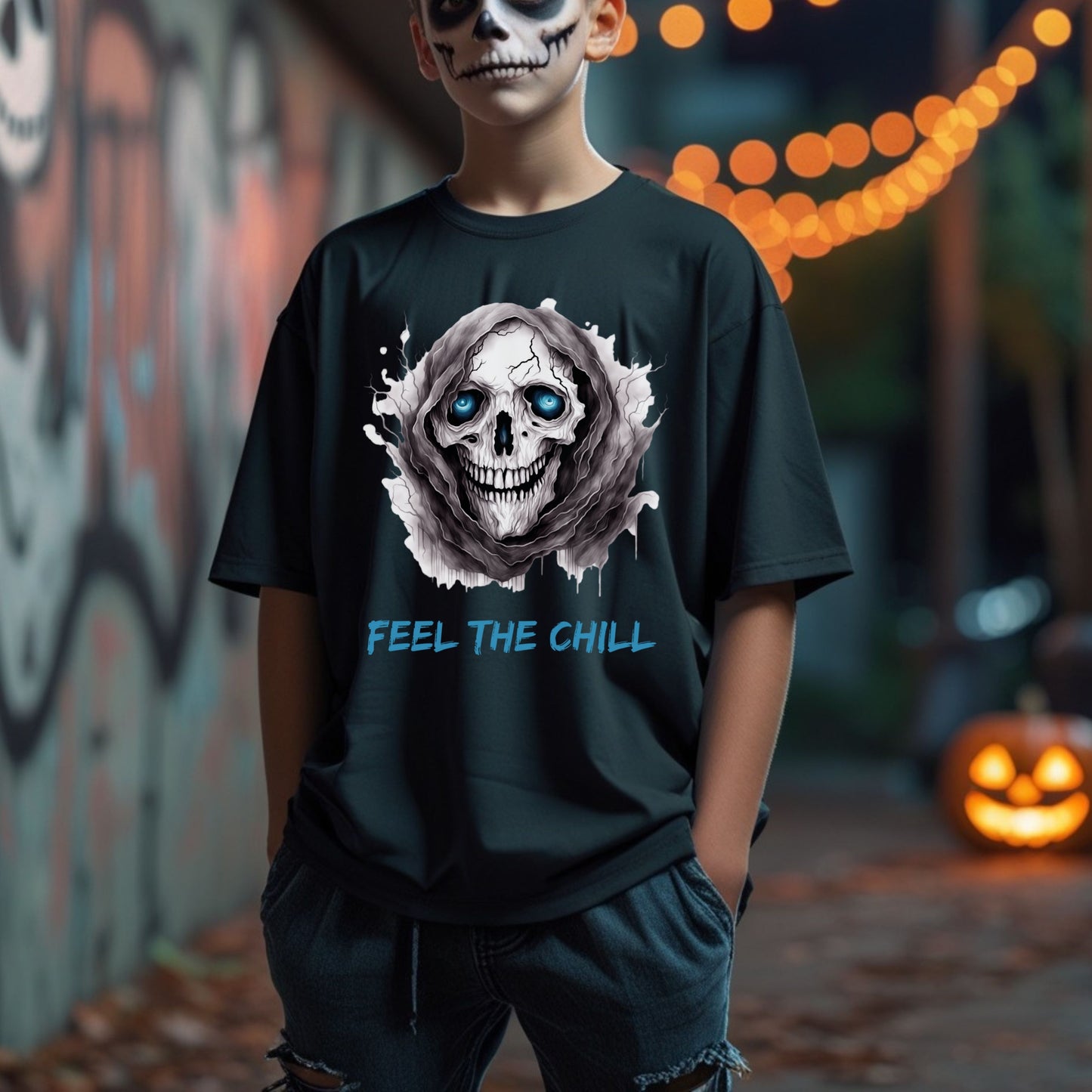Halloween Skull Tee Feel The Chill Skeleton T-Shirt Icy Blue Eyed Skull Shirt Frozen Horror Halloween Tee Cold Gothic Ghost Reaper Design