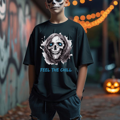 Halloween Skull Tee Feel The Chill Skeleton T-Shirt Icy Blue Eyed Skull Shirt Frozen Horror Halloween Tee Cold Gothic Ghost Reaper Design