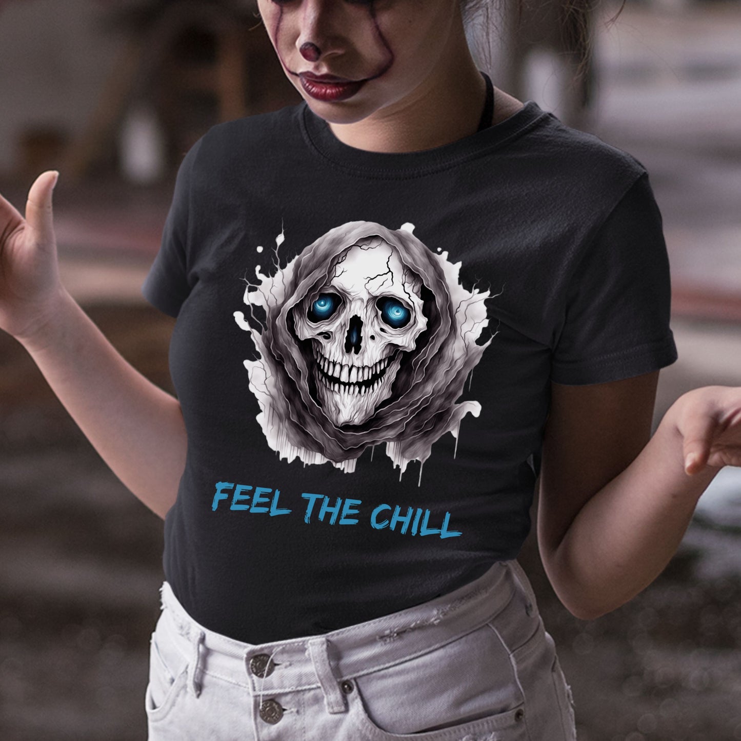 Halloween Skull Tee Feel The Chill Skeleton T-Shirt Icy Blue Eyed Skull Shirt Frozen Horror Halloween Tee Cold Gothic Ghost Reaper Design