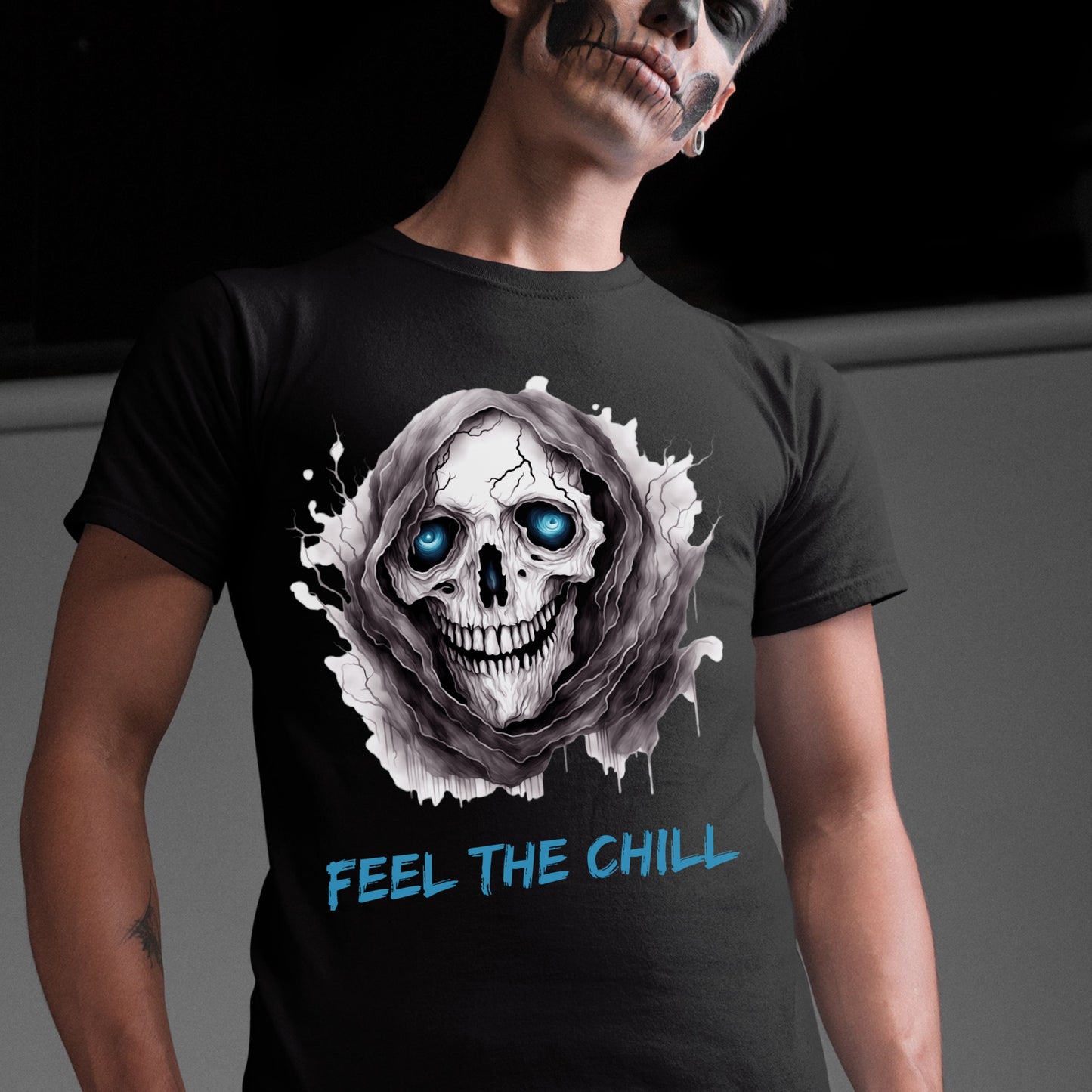 Halloween Skull Tee Feel The Chill Skeleton T-Shirt Icy Blue Eyed Skull Shirt Frozen Horror Halloween Tee Cold Gothic Ghost Reaper Design
