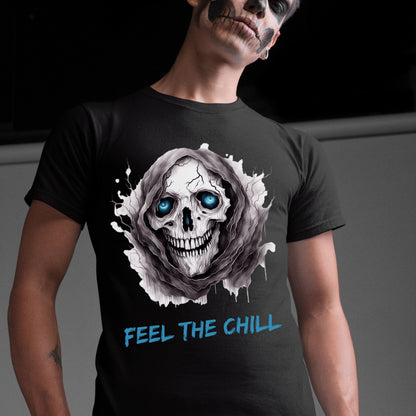 Halloween Skull Tee Feel The Chill Skeleton T-Shirt Icy Blue Eyed Skull Shirt Frozen Horror Halloween Tee Cold Gothic Ghost Reaper Design