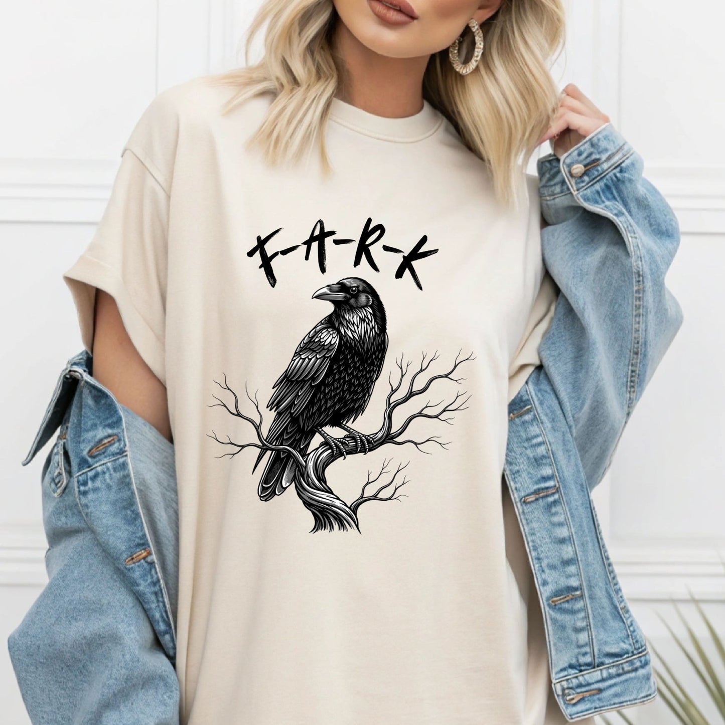 FARK Raven T-Shirt Funny Gothic Bird Shirt Dark Humour Aussie Slang Tee Grunge Crow on Branch Sarcastic Black Bird Gift for her Gift for Him