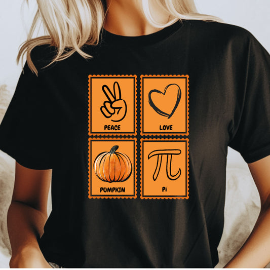 Peace Love Pumpkin Pi Shirt Funny Fall Teacher Shirt Pumpkin Pi Math Pun T-Shirt Autumn Halloween Gift for Women Men