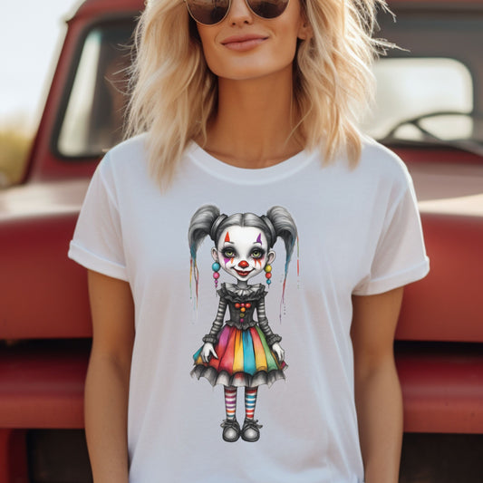 Creepy Cute Gothic Clown Girl T-Shirt Rainbow Skirt & Pigtails Pastel Horror Circus Doll Halloween Alt Aesthetic Art Shirt