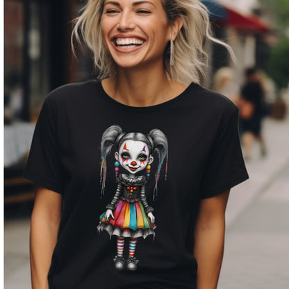 Creepy Cute Gothic Clown Girl T-Shirt Rainbow Skirt & Pigtails Pastel Horror Circus Doll Halloween Alt Aesthetic Art Shirt