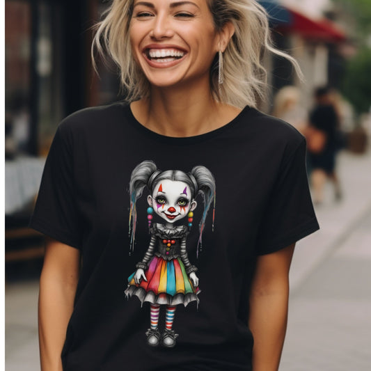 Creepy Cute Gothic Clown Girl T-Shirt Rainbow Skirt & Pigtails Pastel Horror Circus Doll Halloween Alt Aesthetic Art Shirt