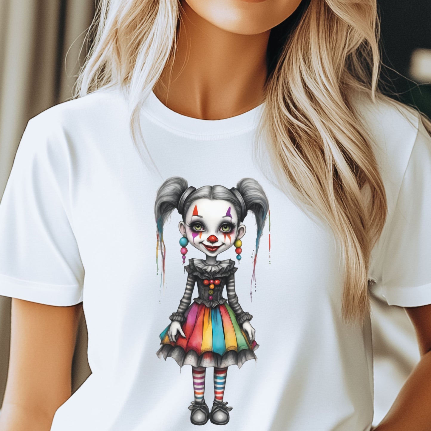 Creepy Cute Gothic Clown Girl T-Shirt Rainbow Skirt & Pigtails Pastel Horror Circus Doll Halloween Alt Aesthetic Art Shirt