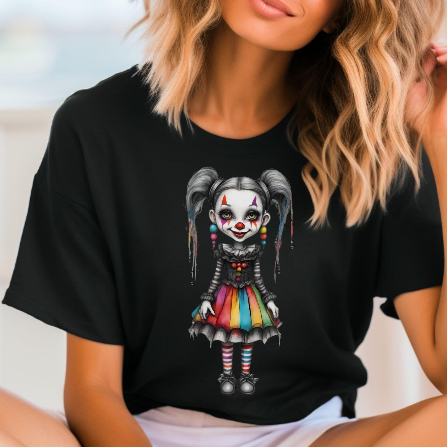 Creepy Cute Gothic Clown Girl T-Shirt Rainbow Skirt & Pigtails Pastel Horror Circus Doll Halloween Alt Aesthetic Art Shirt