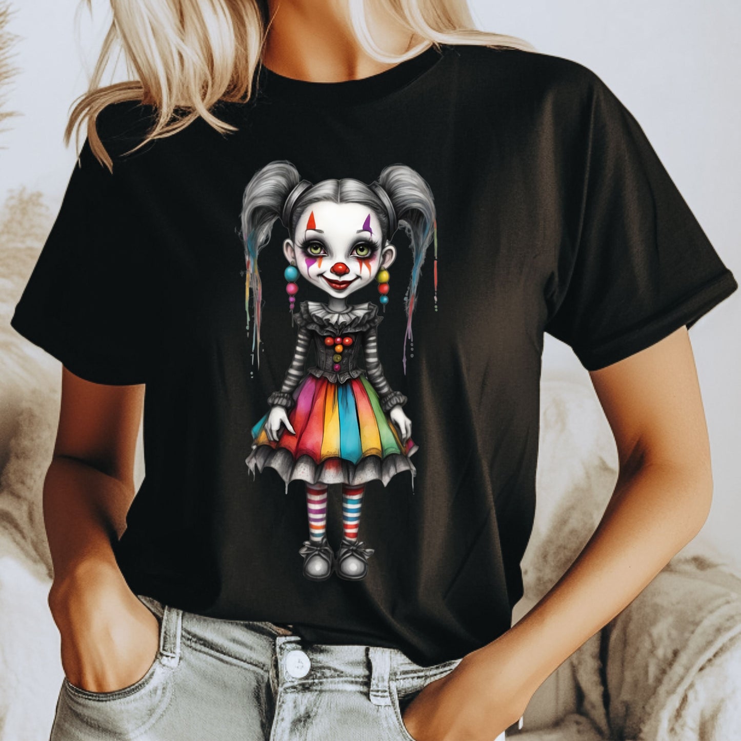 Creepy Cute Gothic Clown Girl T-Shirt Rainbow Skirt & Pigtails Pastel Horror Circus Doll Halloween Alt Aesthetic Art Shirt