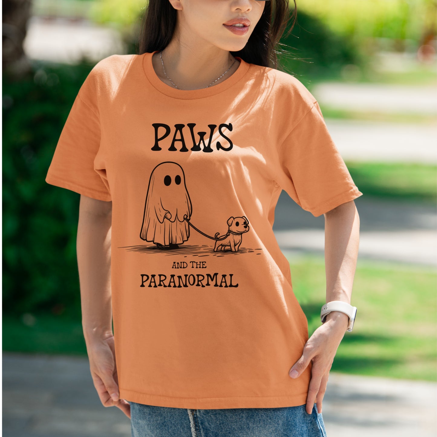Paws and the Paranormal T-Shirt Cute Ghost and Dog Tee Spooky Halloween Shirt Funny Dog Walking Pet Lover Gift