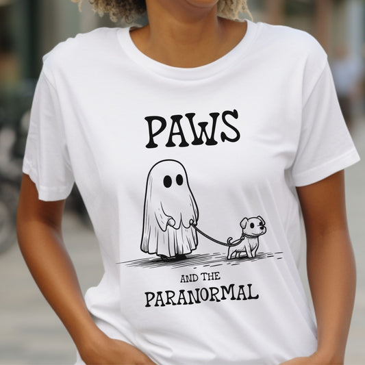 Paws and the Paranormal T-Shirt Cute Ghost and Dog Tee Spooky Halloween Shirt Funny Dog Walking Pet Lover Gift