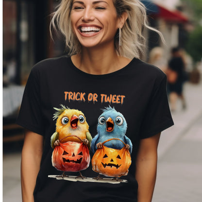 Halloween Trick or Tweet Bird Tee Halloween Bird T-Shirt Cute Chickens with Pumpkin Buckets Funny Animal Shirt Kid-Friendly Spooky Gift Tee
