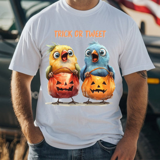 Halloween Trick or Tweet Bird Tee Halloween Bird T-Shirt Cute Chickens with Pumpkin Buckets Funny Animal Shirt Kid-Friendly Spooky Gift Tee
