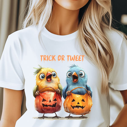 Halloween Trick or Tweet Bird Tee Halloween Bird T-Shirt Cute Chickens with Pumpkin Buckets Funny Animal Shirt Kid-Friendly Spooky Gift Tee