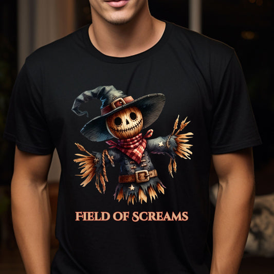 Field of Screams Halloween Shirt Scary Cute Scarecrow T-Shirt Spooky Fall Tee for Haunted Fields and Harvest Event Gift for Her Gift for him