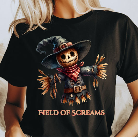 Field of Screams Halloween Shirt Scary Cute Scarecrow T-Shirt Spooky Fall Tee for Haunted Fields and Harvest Event Gift for Her Gift for him