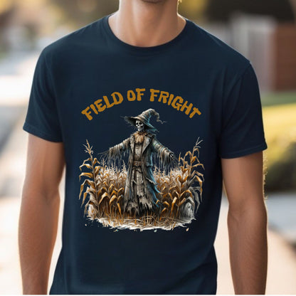 Field of Fright Halloween Shirt Creepy Scarecrow in Cornfield T-Shirt Spooky Harvest Horror Tee for Haunted Fall Vibes