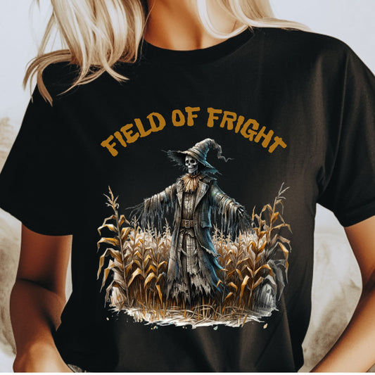 Field of Fright Halloween Shirt Creepy Scarecrow in Cornfield T-Shirt Spooky Harvest Horror Tee for Haunted Fall Vibes