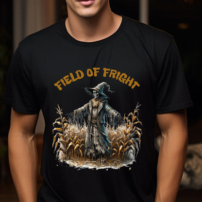 Field of Fright Halloween Shirt Creepy Scarecrow in Cornfield T-Shirt Spooky Harvest Horror Tee for Haunted Fall Vibes