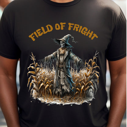 Field of Fright Halloween Shirt Creepy Scarecrow in Cornfield T-Shirt Spooky Harvest Horror Tee for Haunted Fall Vibes