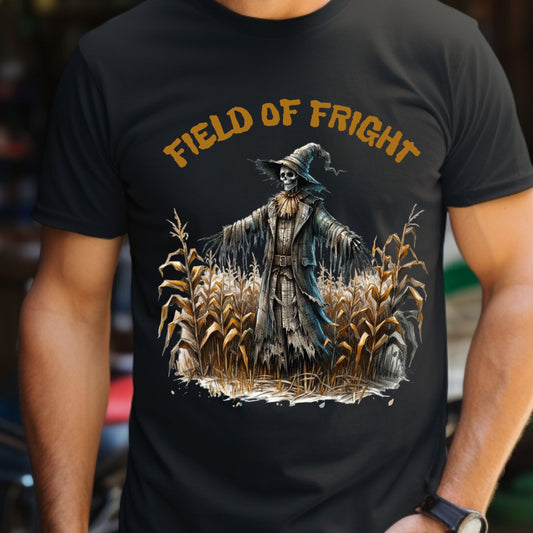 Field of Fright Halloween Shirt Creepy Scarecrow in Cornfield T-Shirt Spooky Harvest Horror Tee for Haunted Fall Vibes