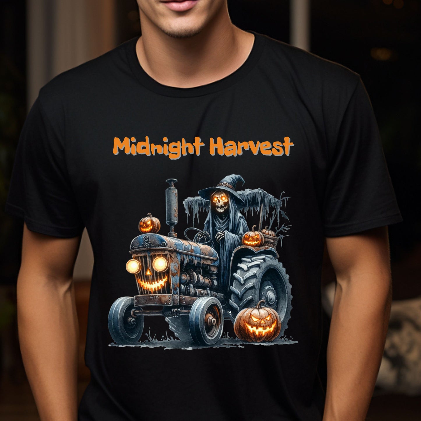 Midnight Harvest Halloween Shirt Grim Reaper on Haunted Pumpkin Tractor Spooky Fall Farm T-Shirt Creepy October Harvest Tee Gift for her