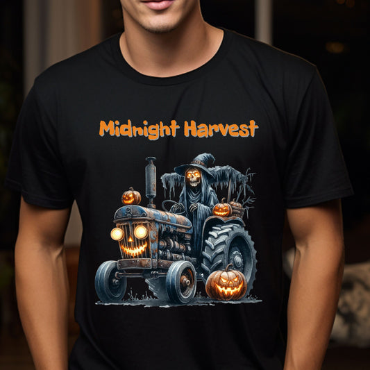 Midnight Harvest Halloween Shirt Grim Reaper on Haunted Pumpkin Tractor Spooky Fall Farm T-Shirt Creepy October Harvest Tee Gift for her