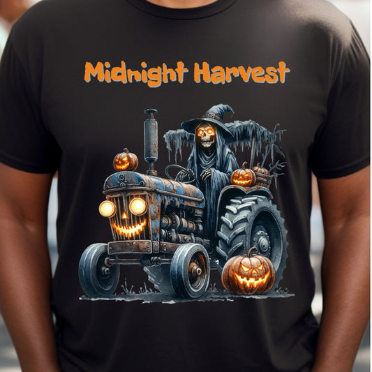 Midnight Harvest Halloween Shirt Grim Reaper on Haunted Pumpkin Tractor Spooky Fall Farm T-Shirt Creepy October Harvest Tee Gift for her
