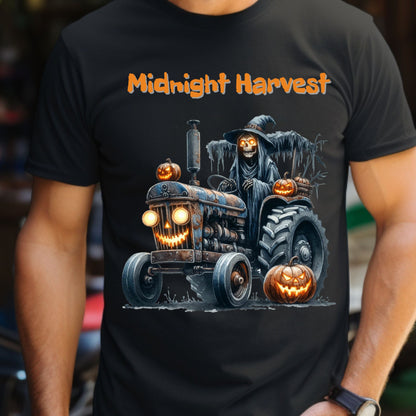 Midnight Harvest Halloween Shirt Grim Reaper on Haunted Pumpkin Tractor Spooky Fall Farm T-Shirt Creepy October Harvest Tee Gift for her