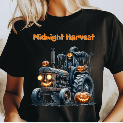 Midnight Harvest Halloween Shirt Grim Reaper on Haunted Pumpkin Tractor Spooky Fall Farm T-Shirt Creepy October Harvest Tee Gift for her