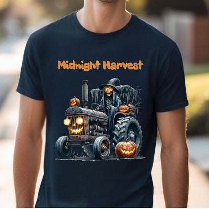 Midnight Harvest Halloween Shirt Grim Reaper on Haunted Pumpkin Tractor Spooky Fall Farm T-Shirt Creepy October Harvest Tee Gift for her