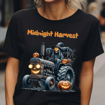 Midnight Harvest Halloween Shirt Grim Reaper on Haunted Pumpkin Tractor Spooky Fall Farm T-Shirt Creepy October Harvest Tee Gift for her