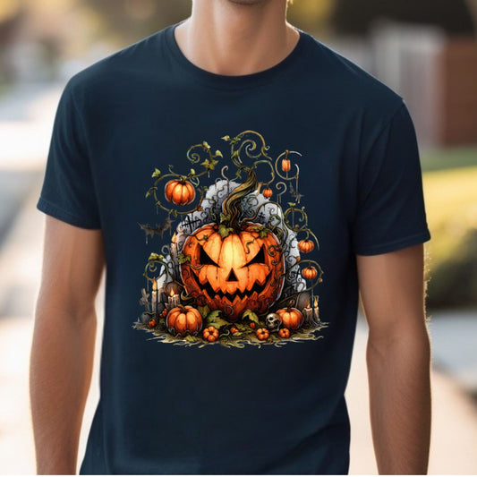 Evil Pumpkin Halloween Shirt Haunted Jack O Lantern Graveyard Tee Gothic Spooky Season T-Shirt with Vines Bats & Skulls