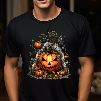 Evil Pumpkin Halloween Shirt Haunted Jack O Lantern Graveyard Tee Gothic Spooky Season T-Shirt with Vines Bats & Skulls