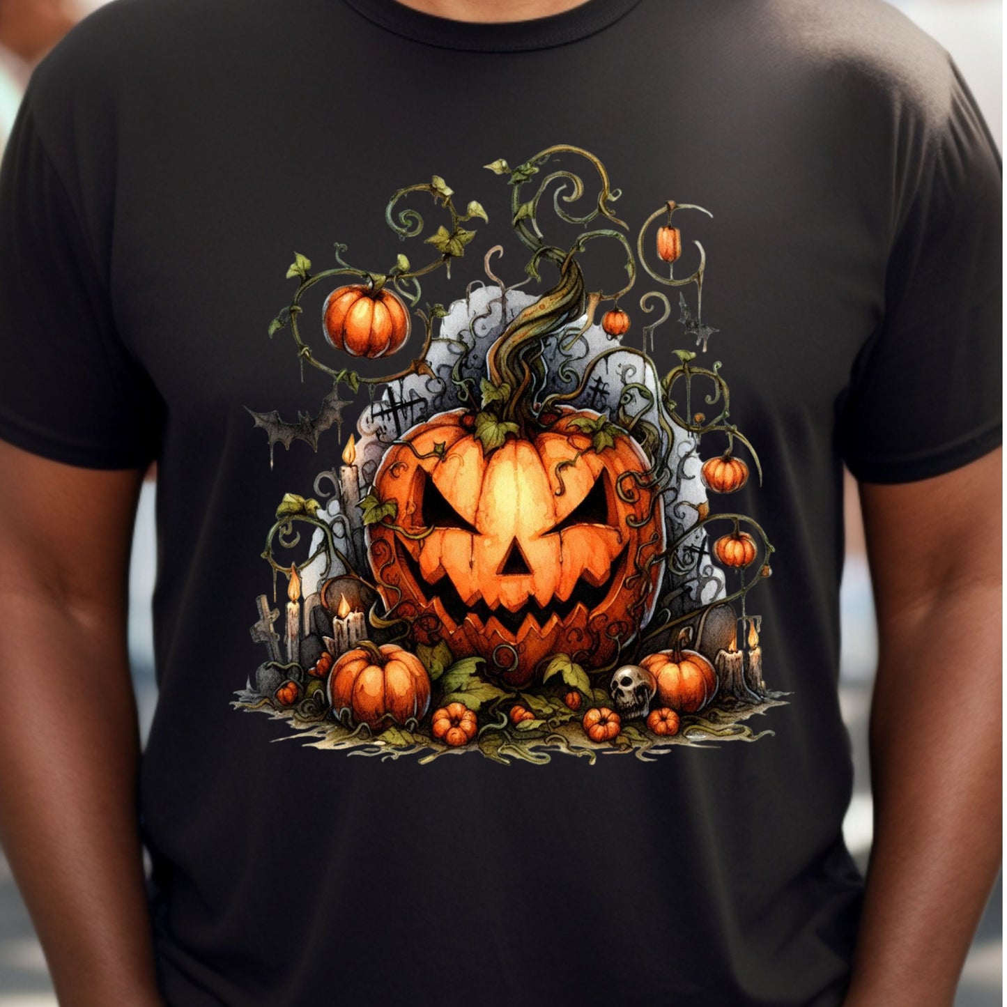 Evil Pumpkin Halloween Shirt Haunted Jack O Lantern Graveyard Tee Gothic Spooky Season T-Shirt with Vines Bats & Skulls