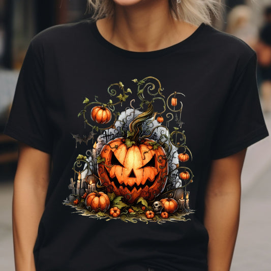 Evil Pumpkin Halloween Shirt Haunted Jack O Lantern Graveyard Tee Gothic Spooky Season T-Shirt with Vines Bats & Skulls