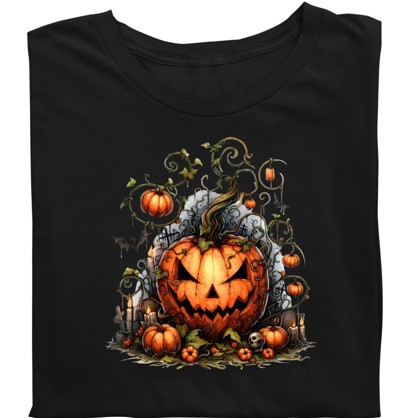 Evil Pumpkin Halloween Shirt Haunted Jack O Lantern Graveyard Tee Gothic Spooky Season T-Shirt with Vines Bats & Skulls
