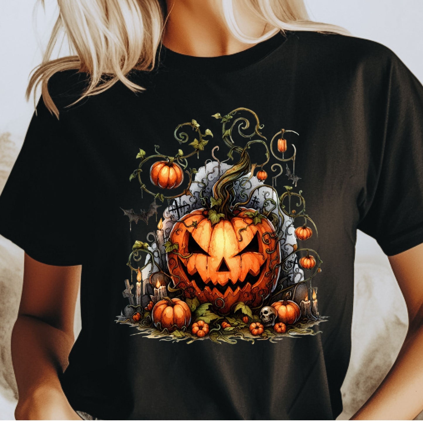 Evil Pumpkin Halloween Shirt Haunted Jack O Lantern Graveyard Tee Gothic Spooky Season T-Shirt with Vines Bats & Skulls