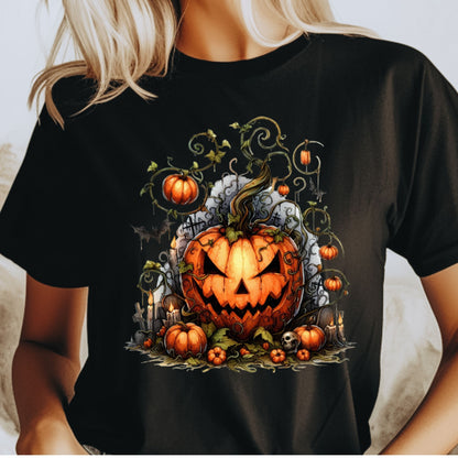 Evil Pumpkin Halloween Shirt Haunted Jack O Lantern Graveyard Tee Gothic Spooky Season T-Shirt with Vines Bats & Skulls