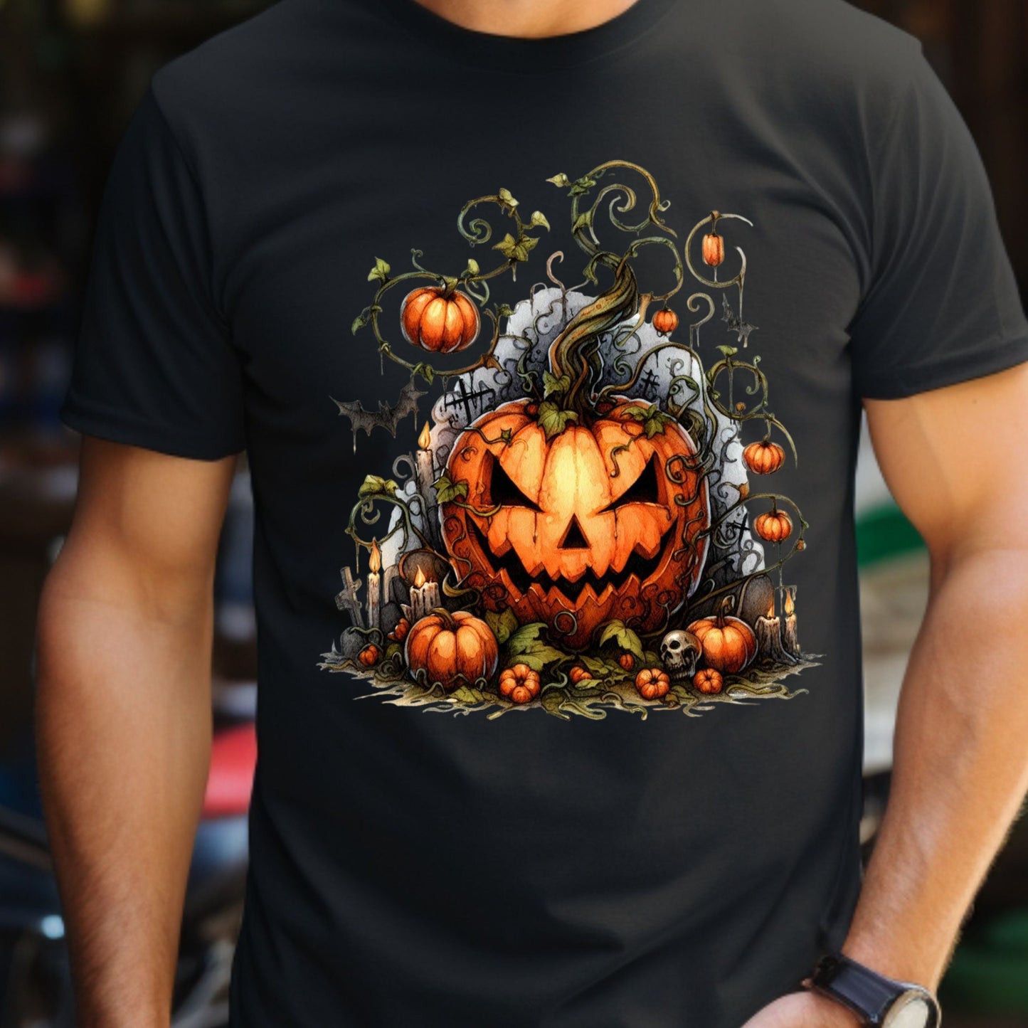Evil Pumpkin Halloween Shirt Haunted Jack O Lantern Graveyard Tee Gothic Spooky Season T-Shirt with Vines Bats & Skulls