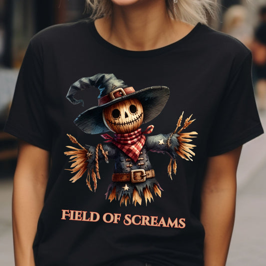 Field of Screams Halloween Shirt Scary Cute Scarecrow T-Shirt Spooky Fall Tee for Haunted Fields and Harvest Event Gift for Her Gift for him