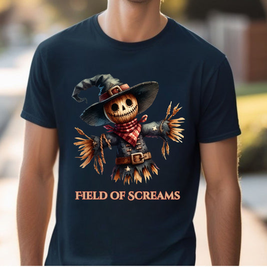 Field of Screams Halloween Shirt Scary Cute Scarecrow T-Shirt Spooky Fall Tee for Haunted Fields and Harvest Event Gift for Her Gift for him