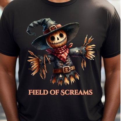 Field of Screams Halloween Shirt Scary Cute Scarecrow T-Shirt Spooky Fall Tee for Haunted Fields and Harvest Event Gift for Her Gift for him
